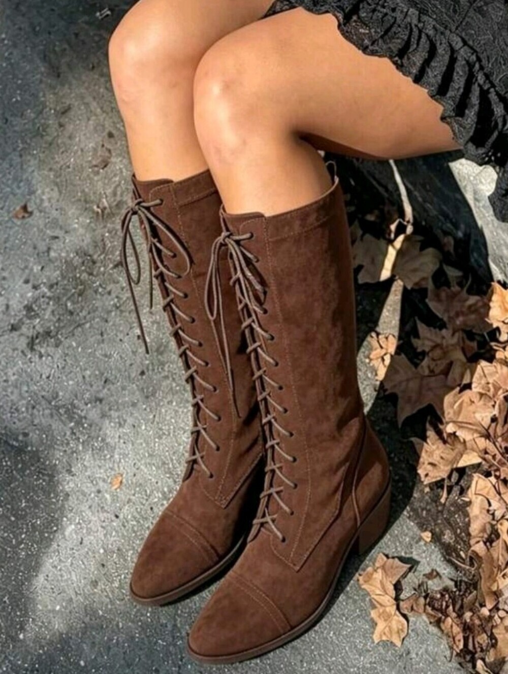 Women's Easter Leather Brown Mid Calf Boots Lace Up Chunky Heel Vintage Combat H - Picture 4 of 7